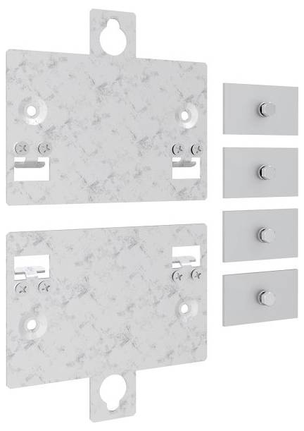 Zwei Metallmontageplatten mit Löchern und passenden Klammern zur Installation. Jede Platte verfügt über eine Schlüssellochform für sichere Befestigung.