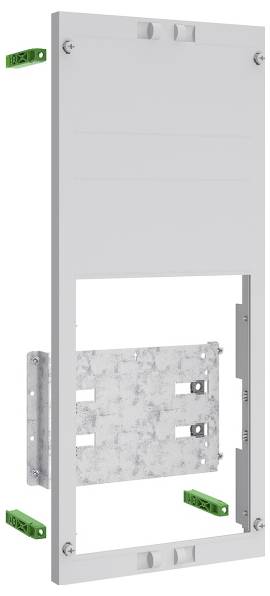 Ein weißer vertikaler Montagerahmen mit grünen Halterungen und einer Metallplatte in der Mitte, der zur Installation von Ausrüstung in Wänden verwendet wird.
