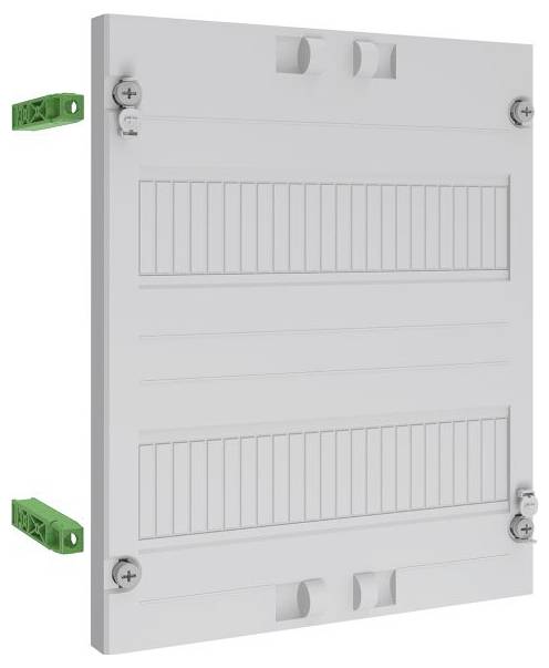 Eine graue Elektrotafelabdeckung mit mehreren Schlitzen und Schraubanschlüssen, entwickelt zur Organisation und Sicherung elektrischer Komponenten.