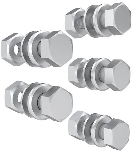 Drei Paare von Schrauben und Muttern, jeweils mit zwei Unterlegscheiben zwischen ihnen, sind diagonal von oben links nach unten rechts ausgerichtet.