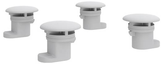 Vier runde, weiße, kuppelförmige Lüftungsöffnungen mit flachen Basen, die zur Belüftung konzipiert sind.