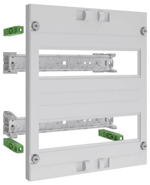 Elektrische Schalttafelrahmen mit Tragschienen und grünen Klemmenblöcken, konzipiert zur Organisation und Sicherung elektrischer Schaltkreise.