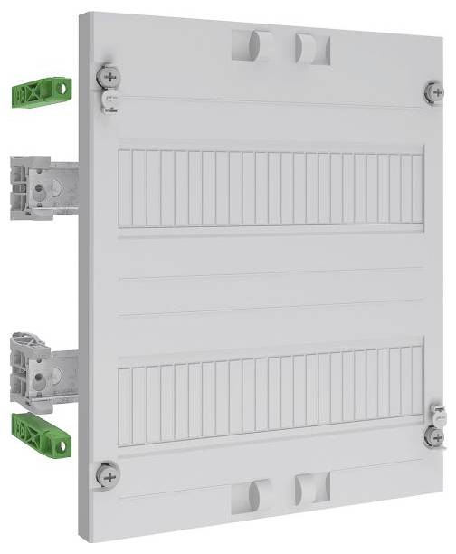 Ein weißes elektrisches Verteilerkastendeckel mit mehreren Schraubschlitzen und kleinen grünen und grauen Halterungen an den Seiten.