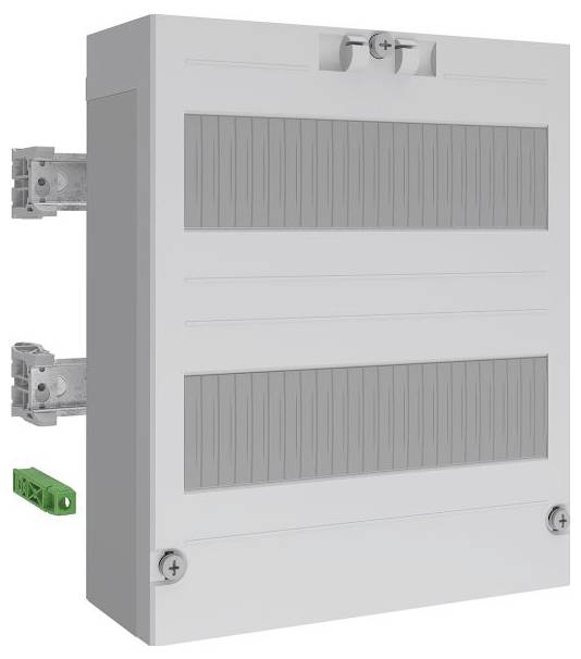 Ein weißes elektrisches Gehäuse mit zwei horizontalen Schlitzen und Befestigungsklammern an der Seite, verwendet zur Unterbringung von Schaltungskomponenten.