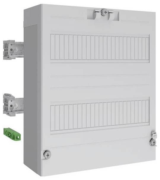 Eine weiße elektrische Sicherungskasten mit zwei Reihen für Sicherungsautomaten. Er enthält einen grünen Anschluss und Befestigungsklammern an der Seite.