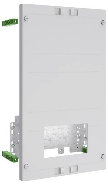 Ein weißes modulares Wandmontage-Panel mit verschiedenen Anschlussslots und grünen Befestigungsbügeln. Geeignet für elektrische oder Netzwerkinstallationen.