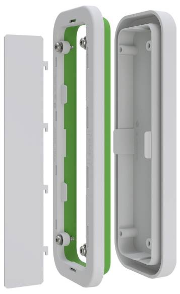 Eine Explosionszeichnung eines rechteckigen Kunststoffgehäuses mit Deckel, grüner Dichtung und Grundplatte, die Montageteile und Befestigungskomponenten zeigt.