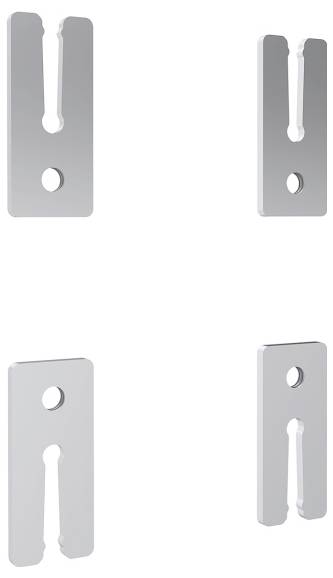 Vier silberne Rasierklingen sind in einem Raster angeordnet, wobei jede ein zentrales Loch und ein geschlitztes Design aufweist.