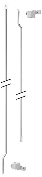 Ein vertikales Metallstangensystem mit Halterungen an beiden Enden, möglicherweise Teil eines Schloss- oder Türmechanismus, dargestellt in einer vereinfachten schematischen Ansicht.