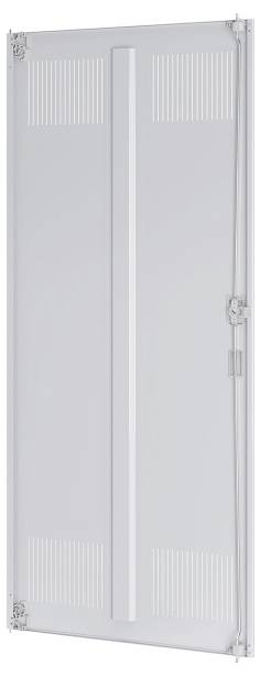 Ein hoher, weißer rechteckiger Panel mit einer vertikalen Nut und Lüftungsschlitzen an Ober- und Unterseite, der rechts mit Scharnieren befestigt ist.