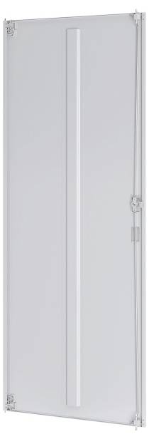 Transparentes rechteckiges Panel mit einer vertikalen Einbuchtung, gesichert durch vier Eckklammern, vor einem weißen Hintergrund.