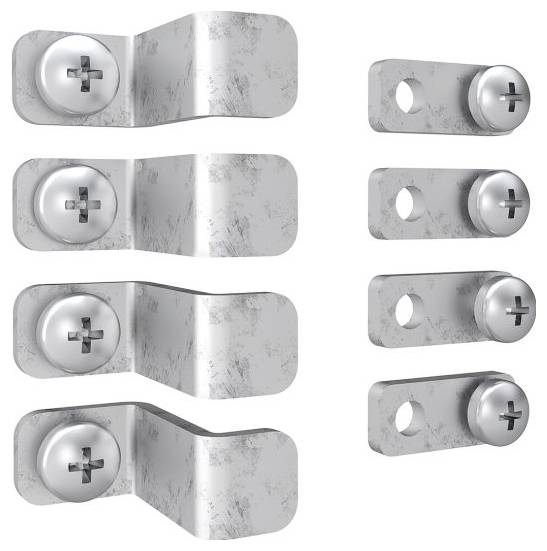 Satz von sechs Metalleckbeschlägen mit Schrauben, mit einer gebogenen Konstruktion zum Befestigen oder Stabilisieren von Möbeln oder Strukturen.