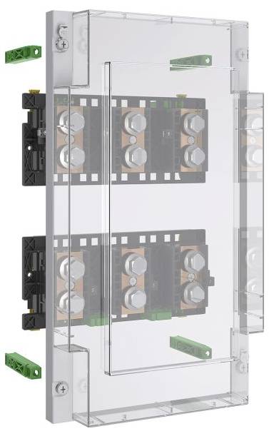 Eine transparente elektrische Schalterdose mit Schaltkreisen und Anschlüssen, von der Seite betrachtet, mit mehreren sichtbaren Komponenten im Inneren.