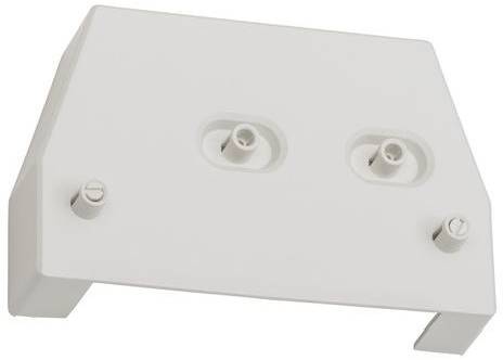 Eine weiße rechteckige elektrische Halterung mit zwei zylindrischen Anschlüssen zum Befestigen von Beleuchtungskörpern, ausgestattet mit Befestigungsschrauben.