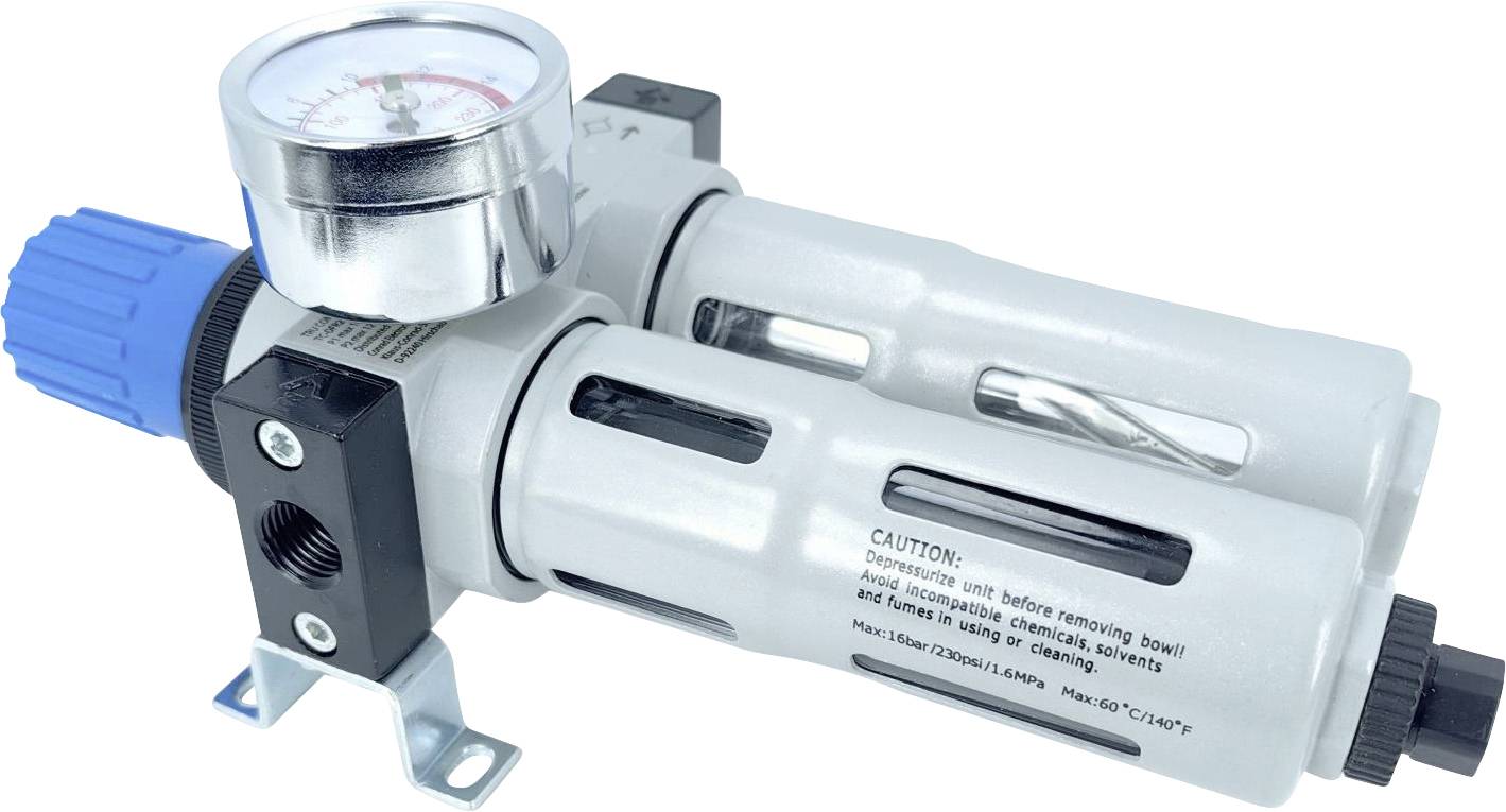 Pneumatischer Luftfilterregler mit Druckmesser und zwei transparenten Kammern. Blaue Einstellknopf und Warnhinweisetikette sichtbar.