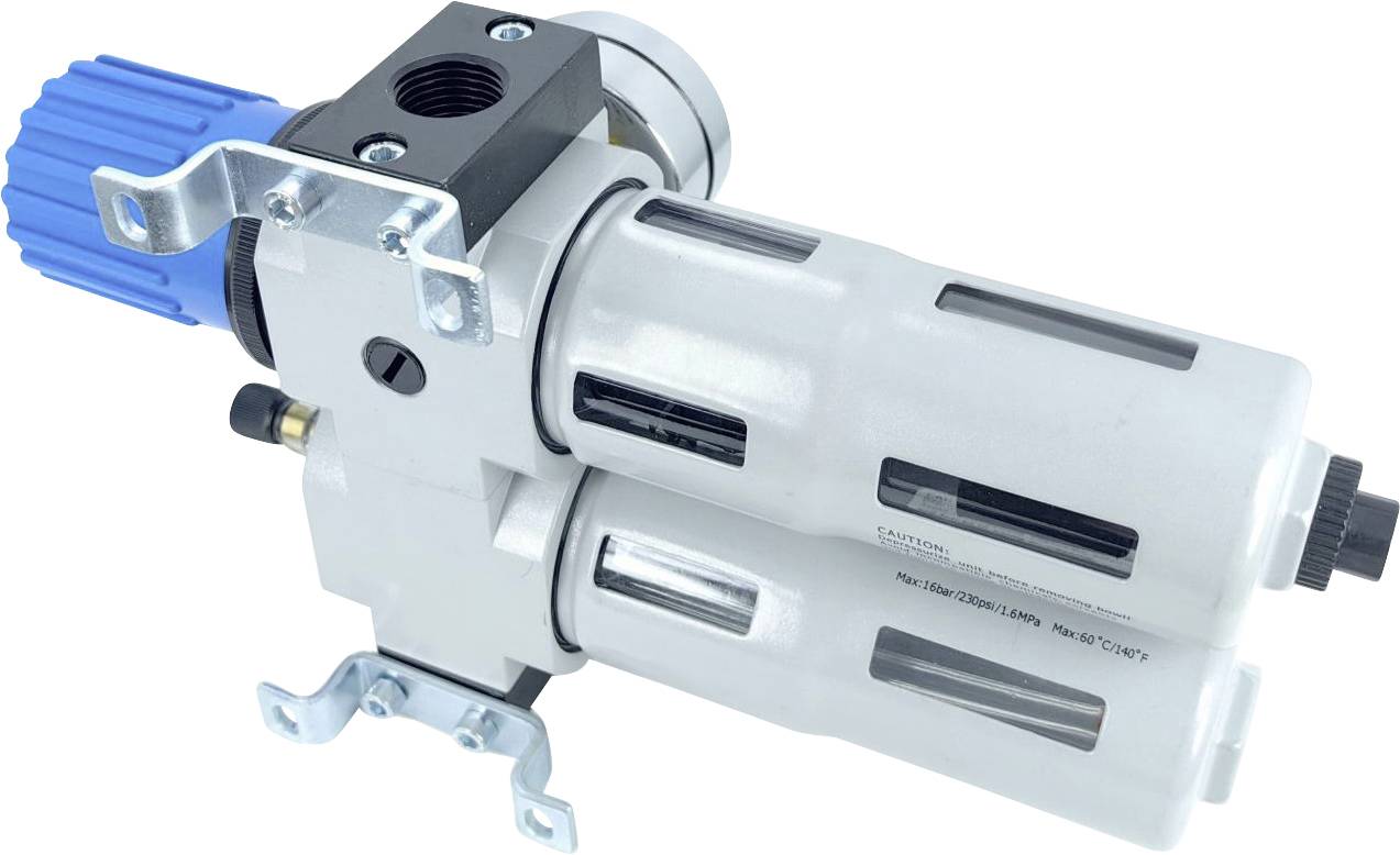 Ein Druckluftfilterregler mit einem blauen Einstellknopf, entwickelt zur Steuerung des Luftdrucks in pneumatischen Systemen.