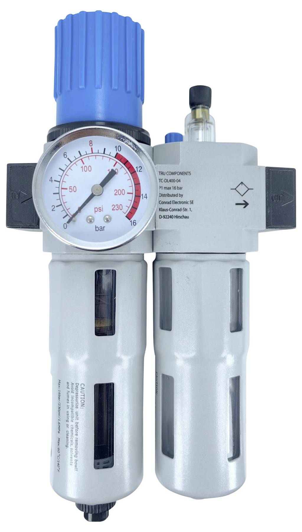 Ein pneumatisches Druckregelventil mit Manometer und Filter, das eine Anzeige von ungefähr 110 psi zeigt. Blauer Einstellknopf oben zum Justieren.