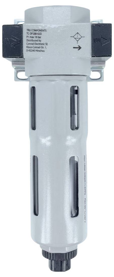 Industrieller Luftfilter mit Metallgehäuse, verwendet zur Entfernung von Verunreinigungen aus Luftsystemen, ausgestattet mit einem Manometer und Ein-/Ausgangsanzeigen.