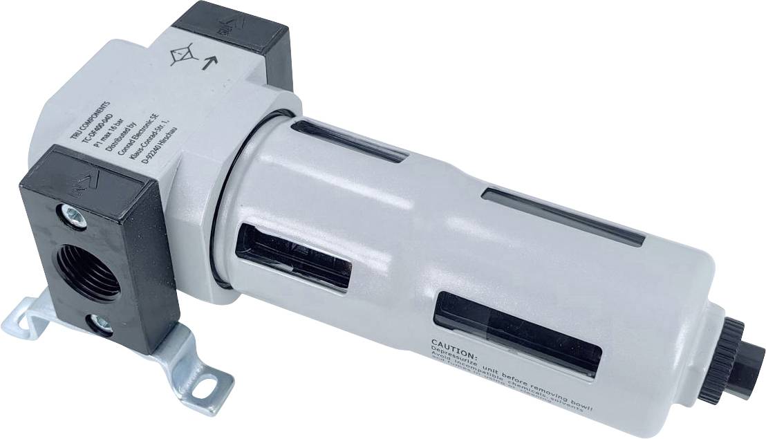 Ein zylindrischer industrieller Luftfilter mit einer Metalloberfläche, zwei Befestigungsbügeln an jeder Seite und gekennzeichneten Anschlüssen für die Luftströmungsrichtung.