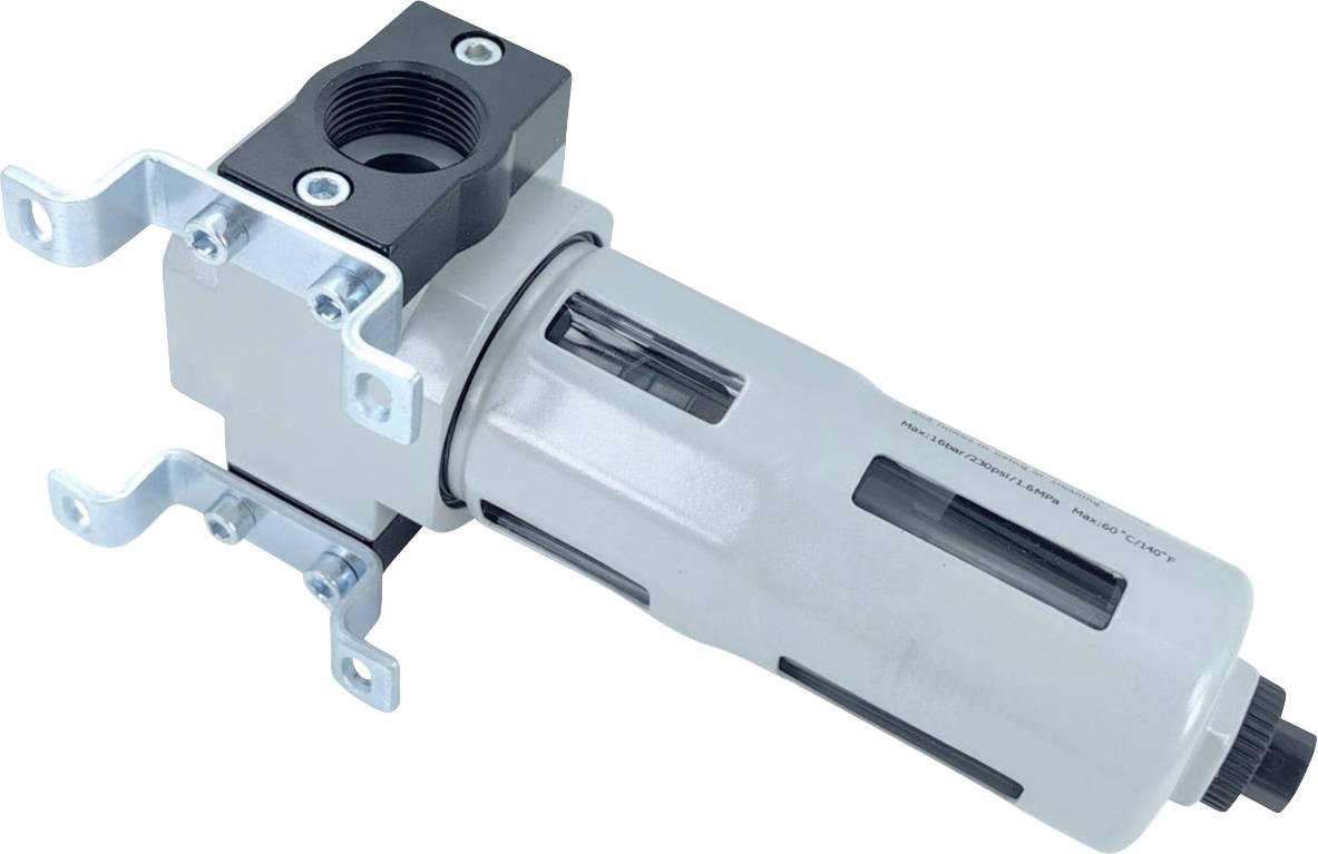 Eine Luftfiltration seinheit mit einem Metallmontagehalterung und sichtbarer Filterkassette, die zur Reinigung von Druckluft in industriellen Systemen verwendet wird.