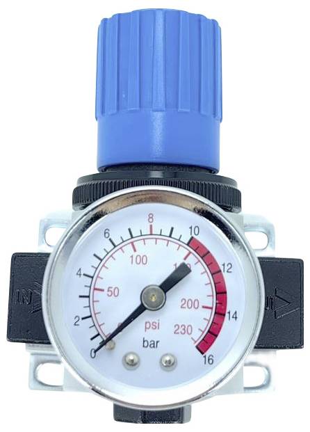 Manometer mit Anzeigen in psi und bar, mit einem blauen Drehknopf. Die Nadel des Messgeräts zeigt auf 90 psi und gibt damit den Systemdruck an.