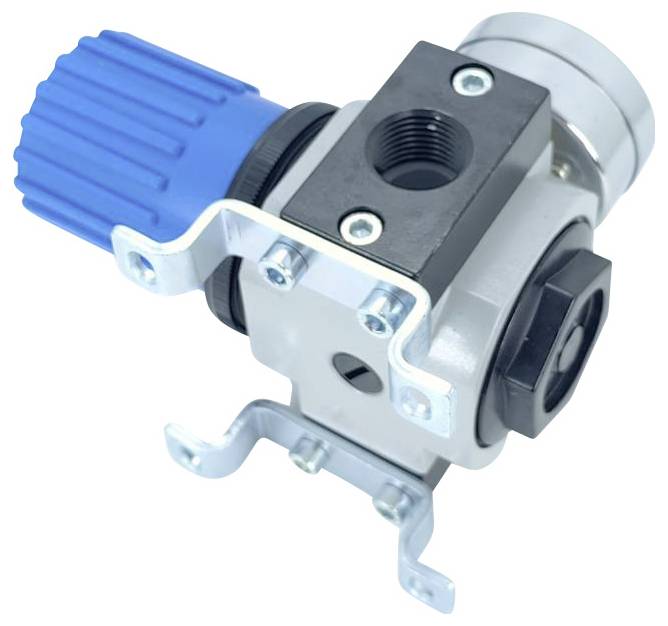 Luftdurchflussregler mit blauem Kunststoffknopf und Metallmontagehalterung, verwendet zur Steuerung des Luftflusses in pneumatischen Systemen.