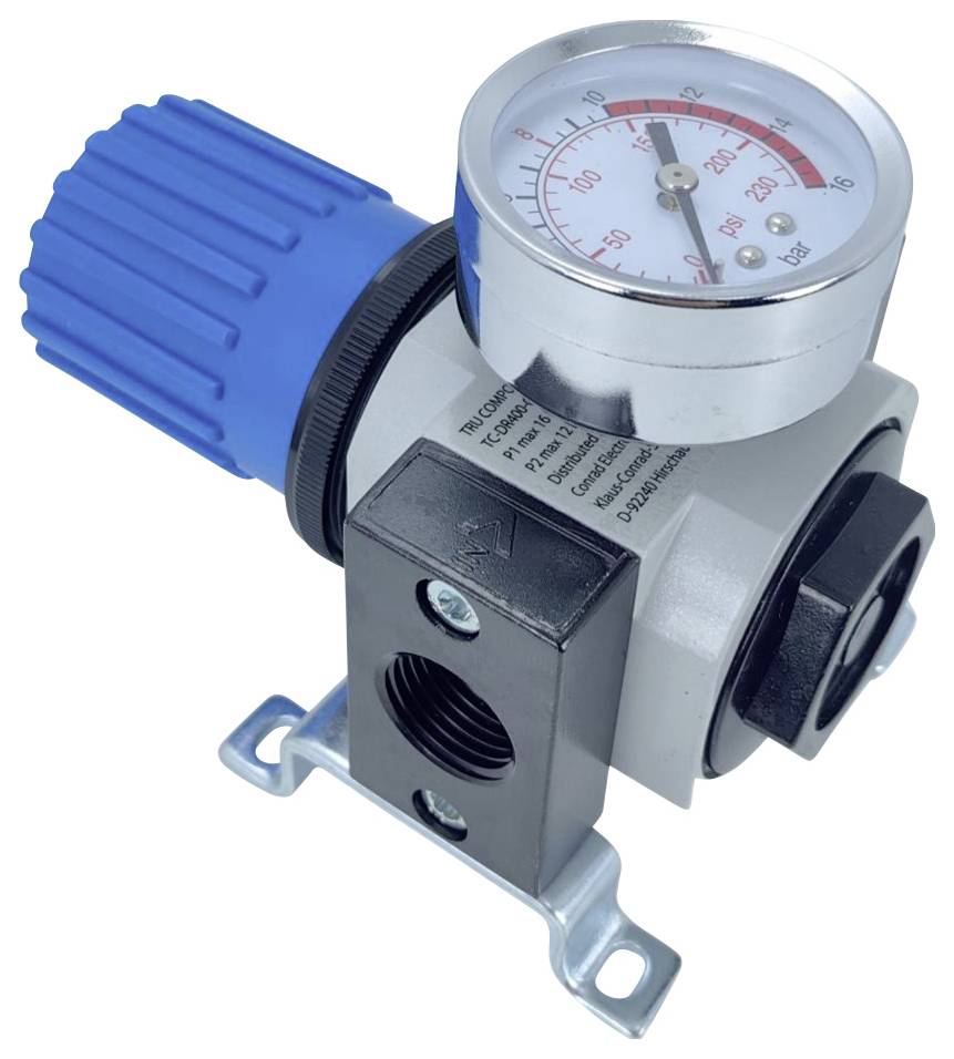 Ein Druckregler mit einem Manometer, das den Druck in PSI und kg/cm² anzeigt, ausgestattet mit einem blauen Einstellknopf und einer Metallbefestigungshalterung.