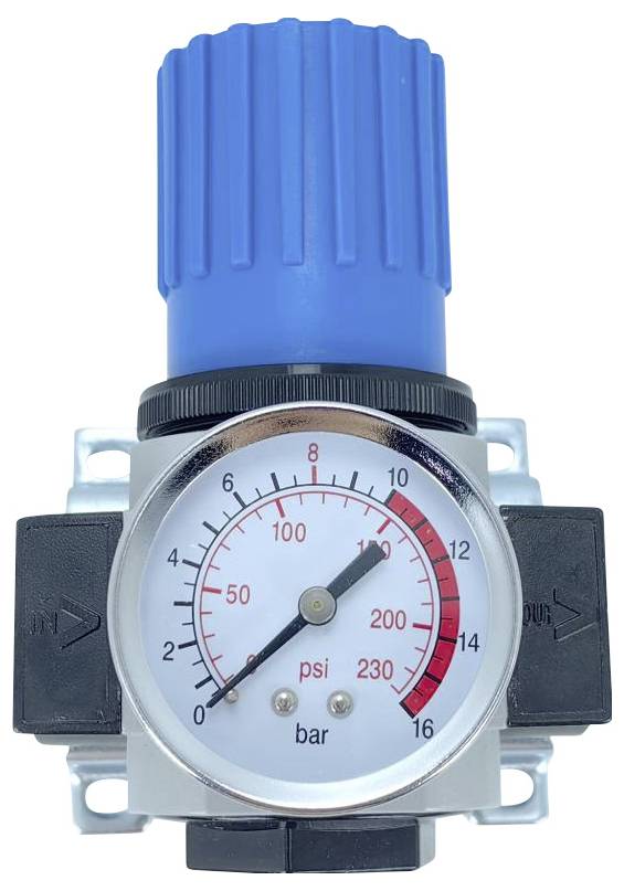 Manometer mit einem blauen Ventil, der einen Messbereich von 0 bis 230 psi und 0 bis 16 bar anzeigt, verwendet zur Regulierung des Luftdrucks.