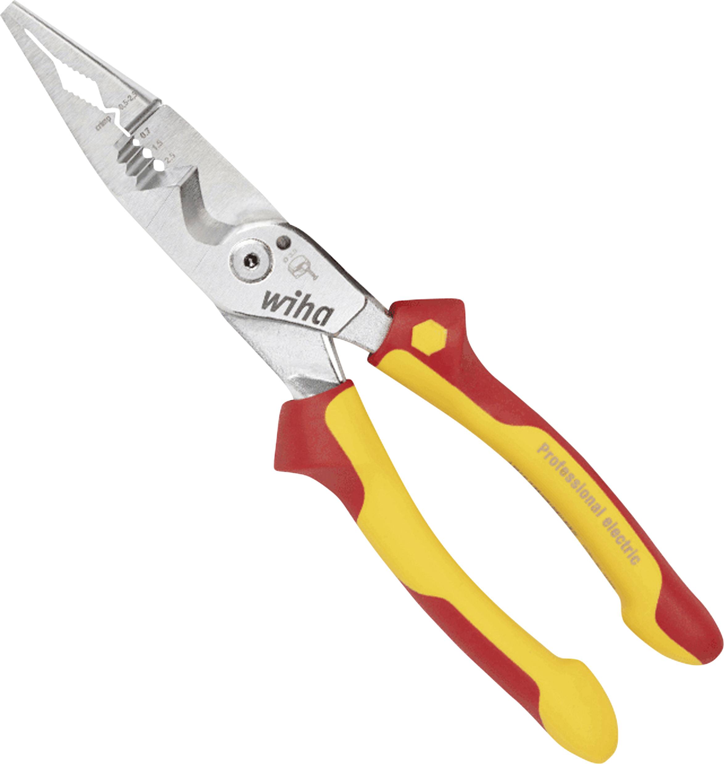 Rot und gelbe Multifunktionszange mit Metallspitze, entwickelt für elektrische Arbeiten, ausgestattet mit Drahtschneidern und Greifbacken.