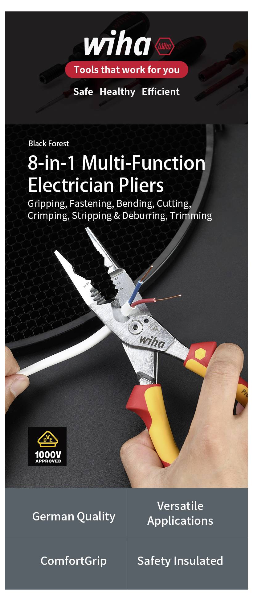 Wiha Elektriker-Zange - 8-in-1 Multifunktionswerkzeug: Greifen, Befestigen, Biegen, Schneiden, Crimpen, Abisolieren, Entgraten, Trimmen. Highlights: Höchste Sicherheit, deutsche Qualität, vielseitige Anwendungsmöglichkeiten.