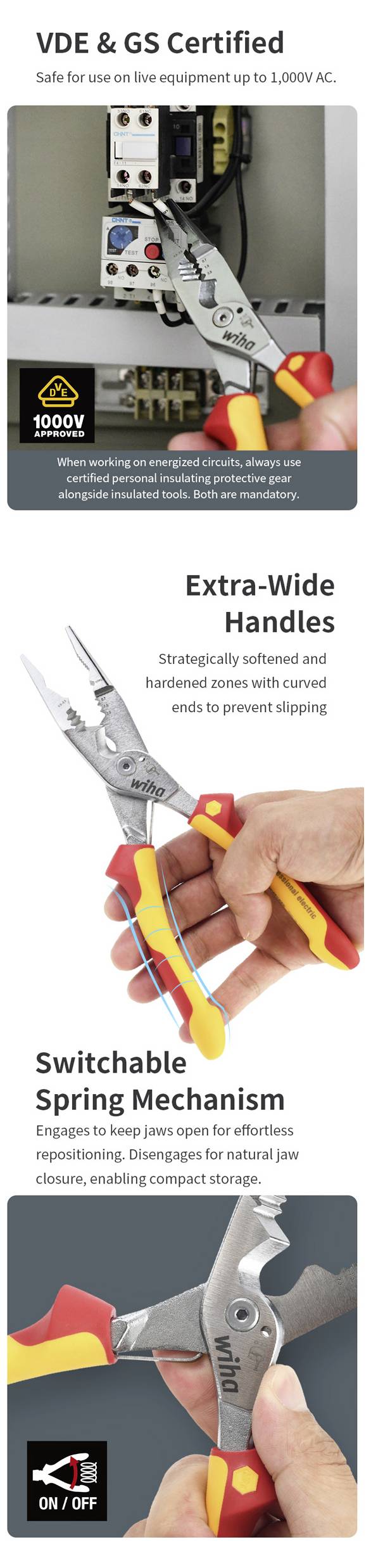 VDE- & GS-zertifizierte Zangen für den Einsatz bis zu 1.000V AC. Zu den Merkmalen gehören besonders breite Griffe für besseren Halt und ein umschaltbares Federmechanismus für einfache Bedienung.