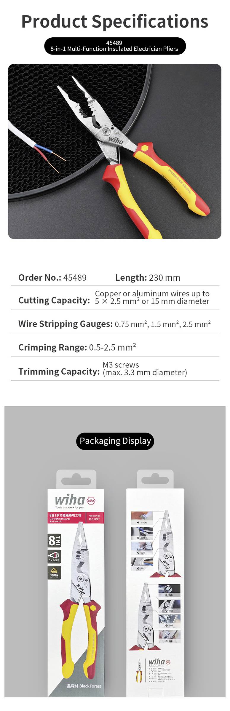 Produktspezifikationen für 8-in-1 Zange: Schneidkapazität bis zu 3,0 mm, Abisolierfähigkeit 0,75-2,5 mm², Crimpbereich 0,5-2,5 mm², Länge 230 mm. Verpackungsdisplay zeigt verpacktes Produkt.
