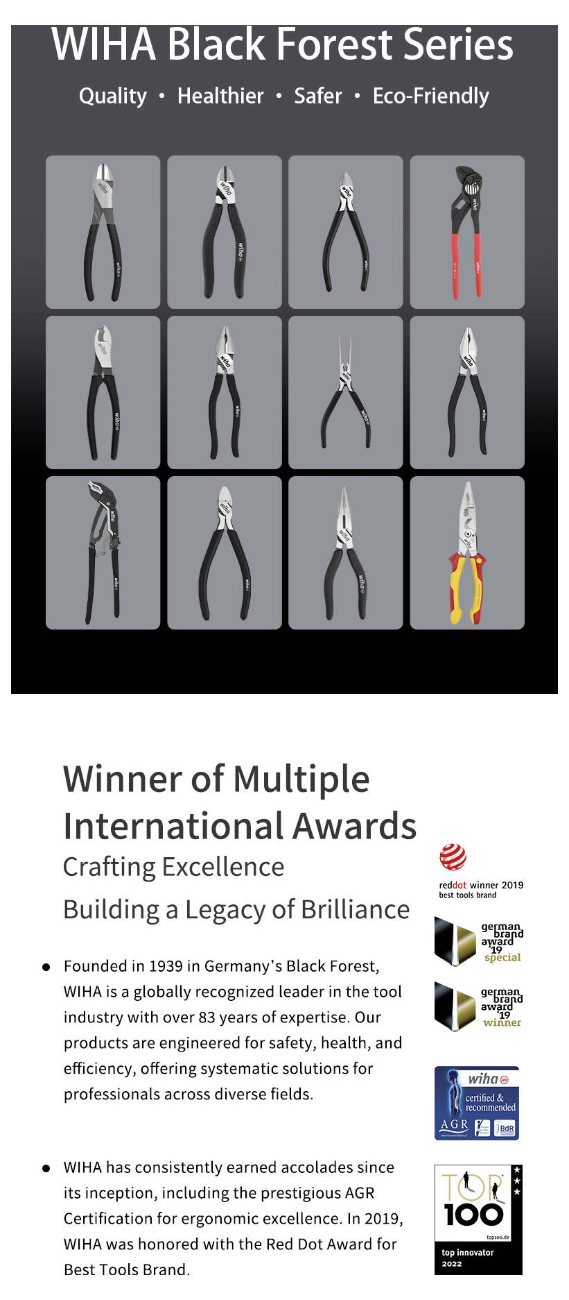 'WIHA Black Forest Serie' mit Zangenbildern präsentiert, wobei Qualität, Gesundheit, Sicherheit und Umweltfreundlichkeit hervorgehoben werden. Auszeichnungstext darunter.