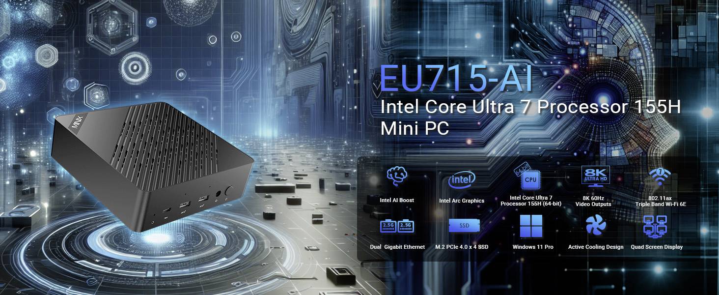 Ein futuristisches Banner, das einen Mini-PC, Modell EU715-AI, mit Intel Core Ultra 7 Prozessor 155H präsentiert. Funktionen und Spezifikationen sind unterhalb des Bildes aufgelistet.