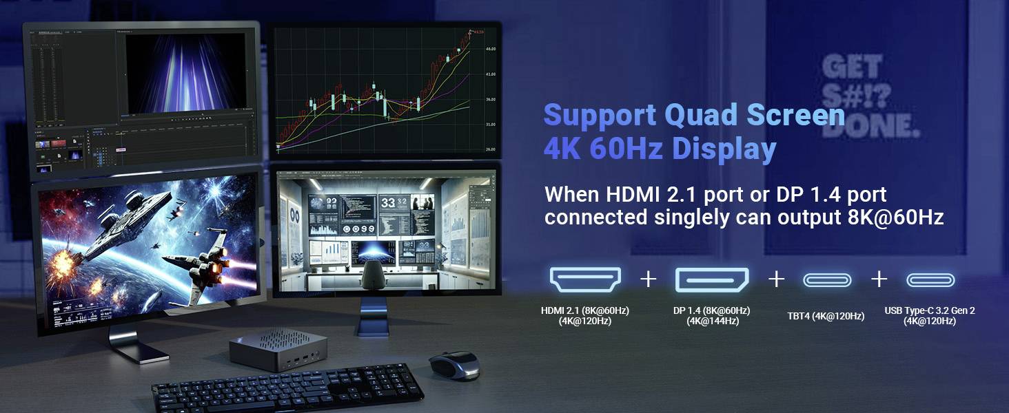 Quad-Bildschirm-Setup mit verschiedenen Anzeigen: Videobearbeitung, Gaming, Arbeitsbereich. Unterstützt 4K 60Hz. HDMI 2.1, DP 1.4 und USB-C-Eingänge dargestellt.
