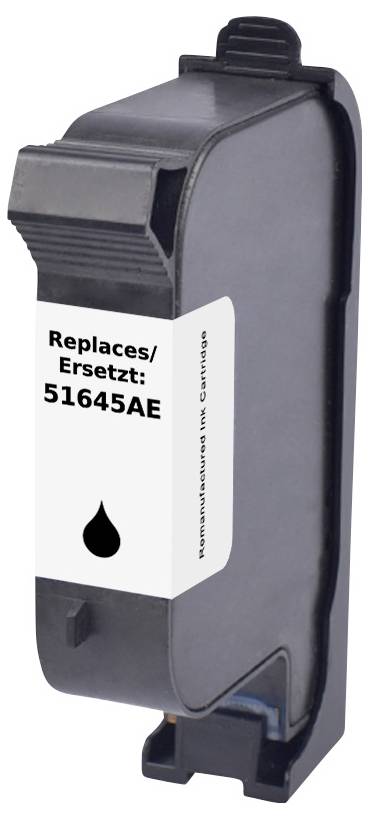 Schwarze Tintenpatrone mit einem Etikett, das zeigt: 'Replaces/Ersetzt: 51645AE'.