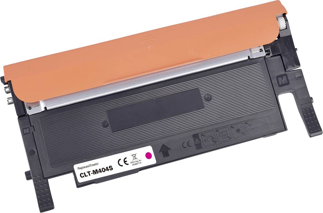 Orange und schwarze Tonerkartusche mit der Bezeichnung 'CLT-M404S', versehen mit Symbolen und Anleitungen an der Seite, für Laserdrucker verwendet.