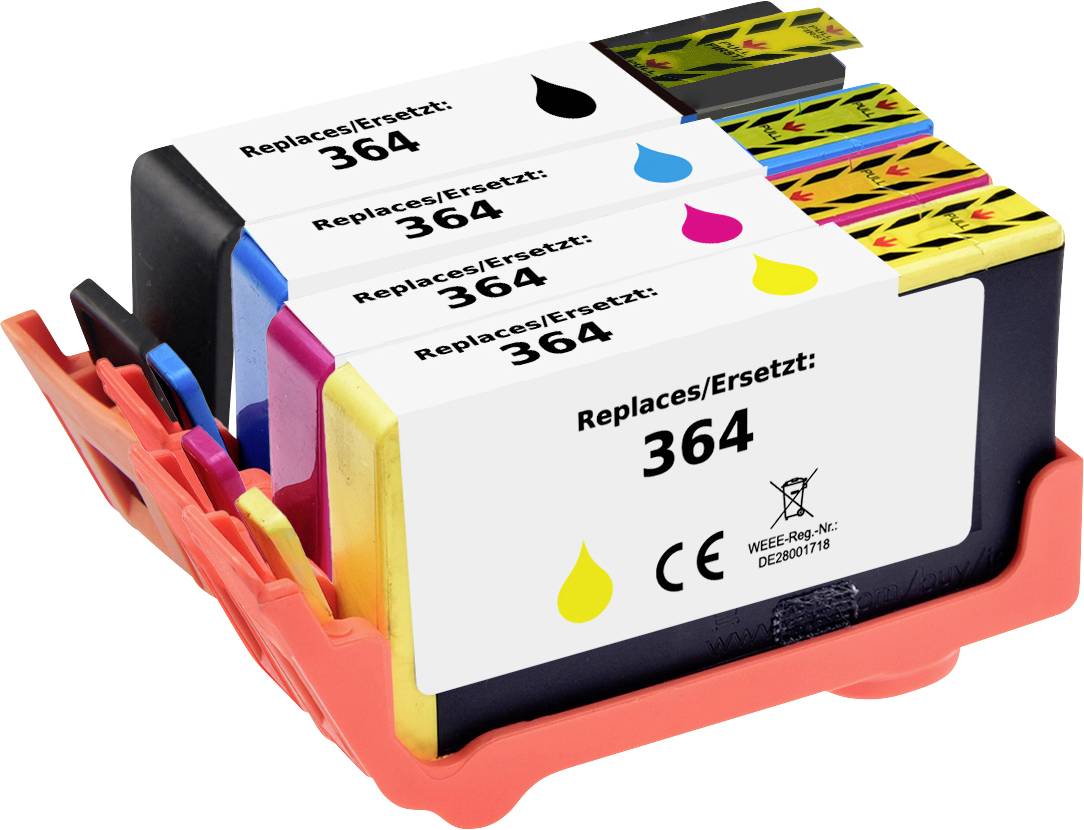 Vier Ersatz-Druckerpatronen in Schwarz, Cyan, Magenta und Gelb, gekennzeichnet mit „Replaces/Ersetzt: 364