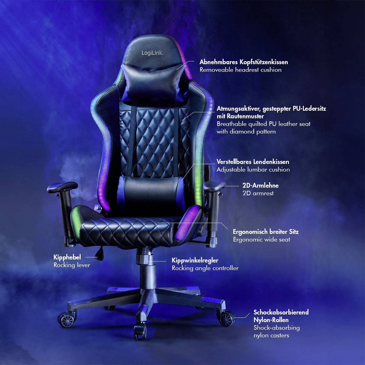 LogiLink EO0076 Gaming/Office-Stuhl Schwarz, Blau