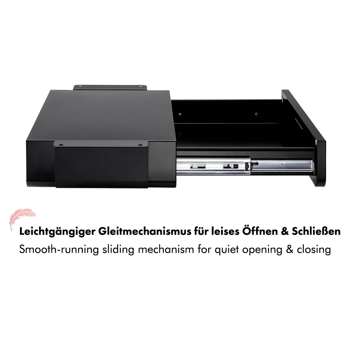 Ein schwarzer Metallschubkasten, halb geöffnet, der einen reibungslos laufenden Schiebekastenmechanismus für leises Öffnen und Schließen veranschaulicht.