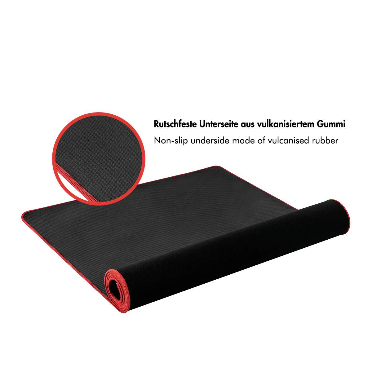 Ein schwarzes und rotes Mousepad mit einer rutschfesten Unterseite aus vulkanisiertem Gummi, entwickelt für stabile Nutzung auf verschiedenen Oberflächen.