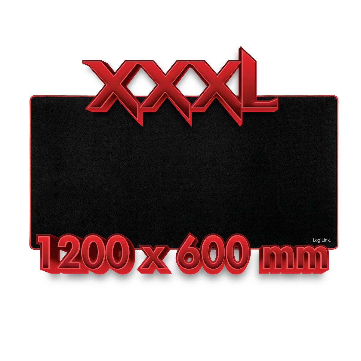 Ein großes schwarzes Gaming-Mauspad mit abgerundeten Kanten, beschriftet mit ‚XXXL, 1200 x 600 mm.'