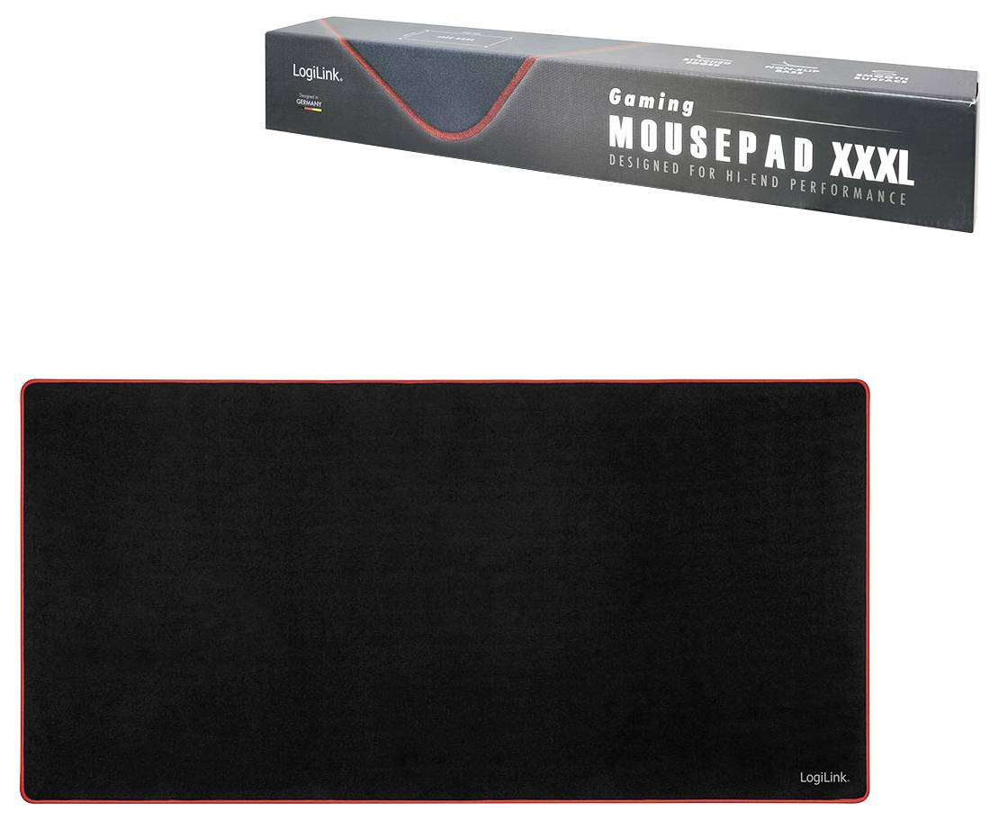 Gaming-Mousepad XXXL von LogiLink, geeignet für High-End-Performance, mit großer schwarzer Oberfläche und rotem Rand.
