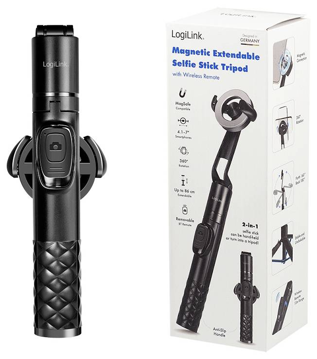 LogiLink BT0069 Selfie Stick Schwarz Bluetooth, integrierter Akku, Integriertes Stativ