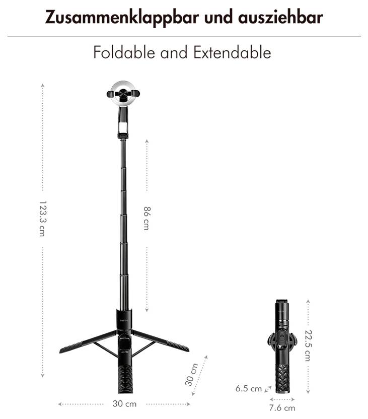 LogiLink BT0069 Selfie Stick Schwarz Bluetooth, integrierter Akku, Integriertes Stativ