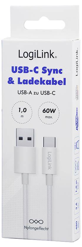 Verpackung für LogiLink USB-C Sync- und Ladekabel. Eigenschaften: USB-A auf USB-C, 1 Meter Länge, max. 60W Leistung, Nylon-Geflecht.