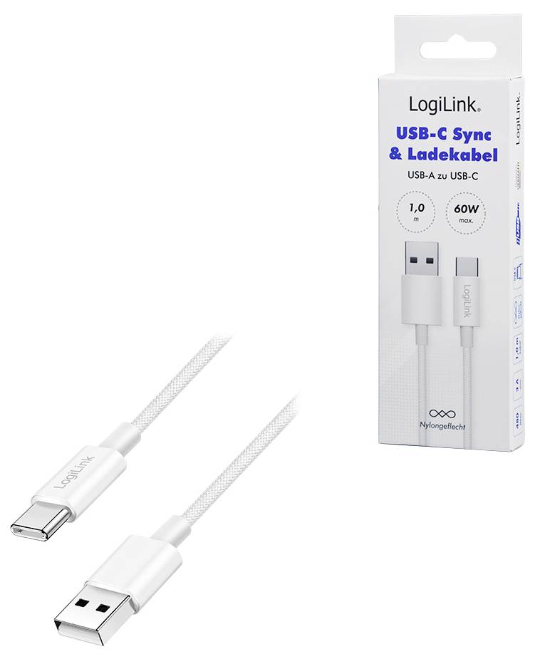 LogiLink USB-C auf USB-A Kabel, 1m Länge, 60W Leistung, in weißer Farbe mit Verpackung, die Produktbild und Spezifikationen zeigt.