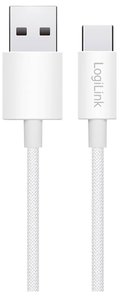Ein weißes LogiLink USB-A auf USB-C Kabel mit geflochtener Textur für erhöhte Haltbarkeit, geeignet zum Laden und Datentransfer.