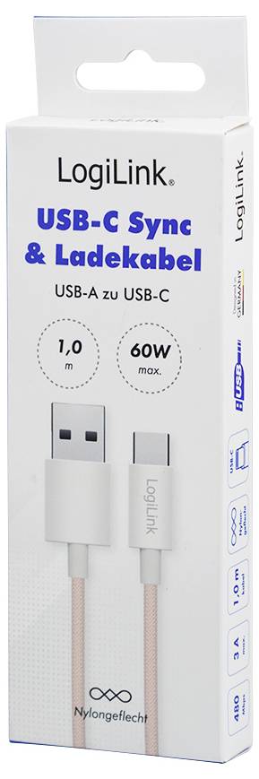 'LogiLink USB-C Sync & Charge Kabel' Verpackung zeigt ein 1,0m Kabel mit USB-A zu USB-C Anschlüssen, unterstützt bis zu 60W Leistung, mit Nylonummantelung.