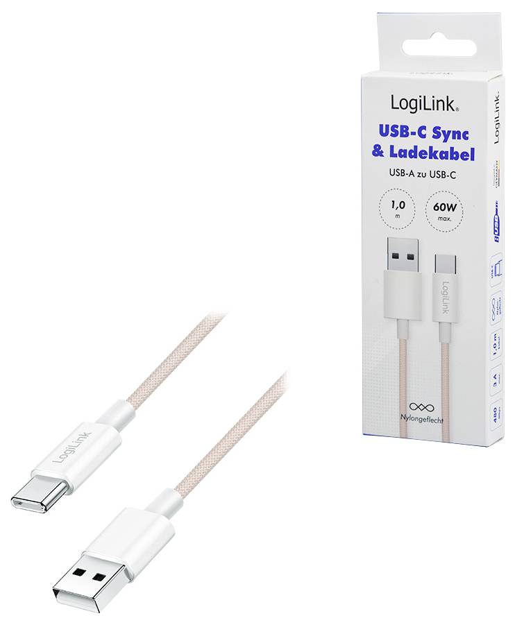 LogiLink USB-C Sync & Charging Kabel in Verpackungs- und loser Ansicht, kompatibel mit USB-A zu USB-C, 1 Meter Länge, 60W Leistung.